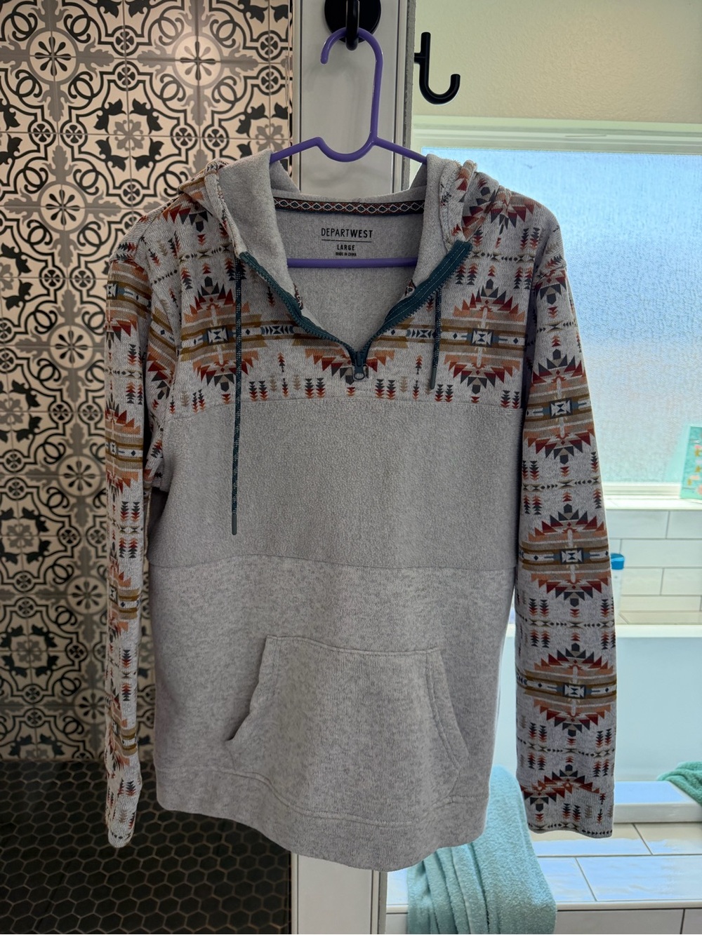 Departwest Men's Gray Pullover Hoodie with Aztec Pattern